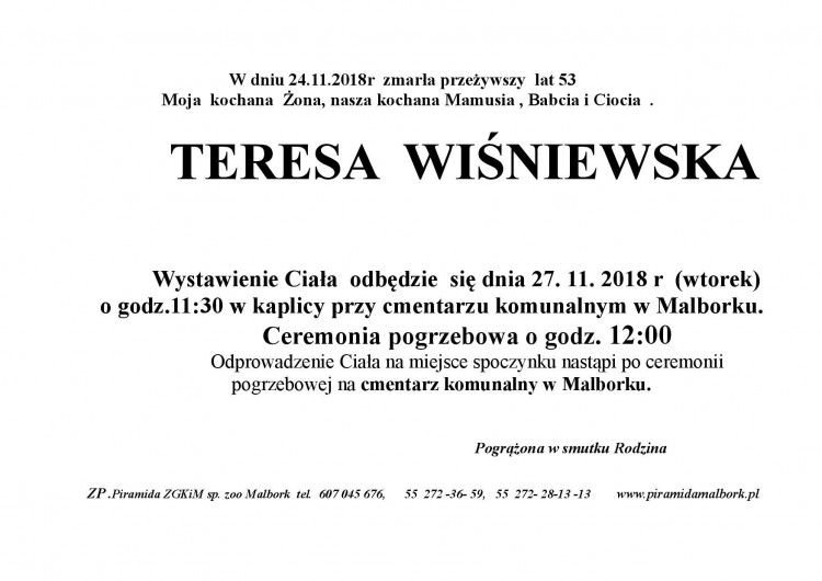 Zmarła Teresa Wiśniewska. Żyła 53 lata.