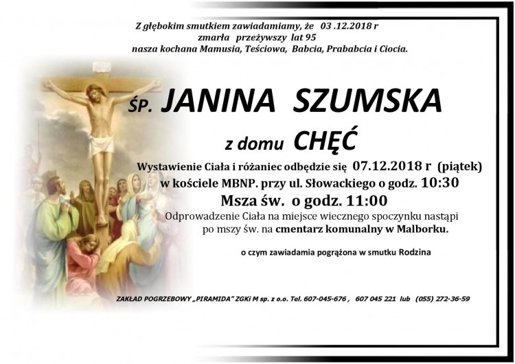 Zmarła Janina Szumska. Żyła 95 lat.