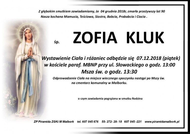 Zmarła Zofia Kluk. Żyła 90 lat.