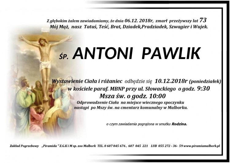 Zmarł Antoni Pawlik. Żył 73 lata.
