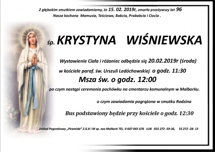 Zmarła Krystyna Wiśniewska. Żyła 96 lat.