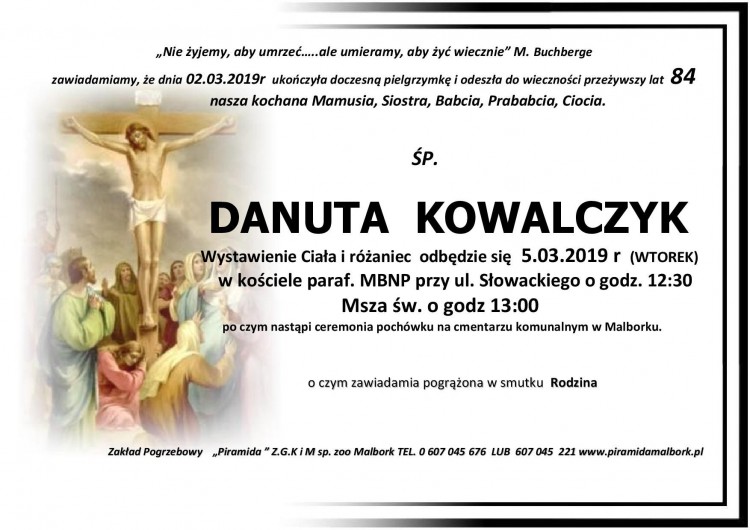 Zmarła Danuta Kowalczyk. Żyła 84 lata.