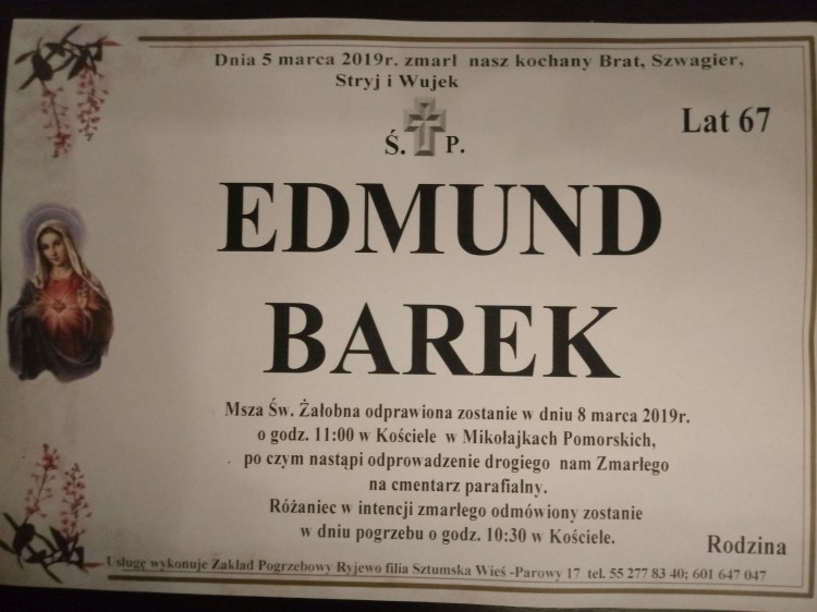 Zmarł Edmund Barek. Żył 67 lat.