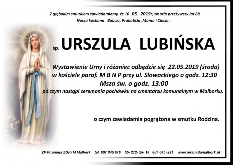 Zmarła Urszula Lubińska. Żyła 88 lat.