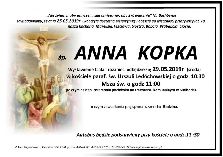 Zmarła Anna Kopka. Żyła 78 lat.