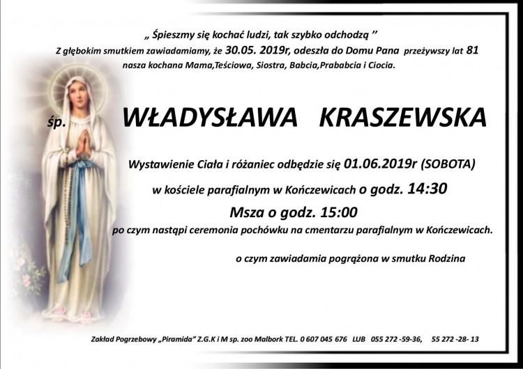 Zmarła Władysława Kraszewska. Żyła 81 lat.