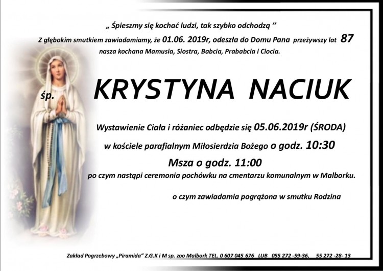 Zmarła Krystyna Naciuk. Żyła 87 lat.