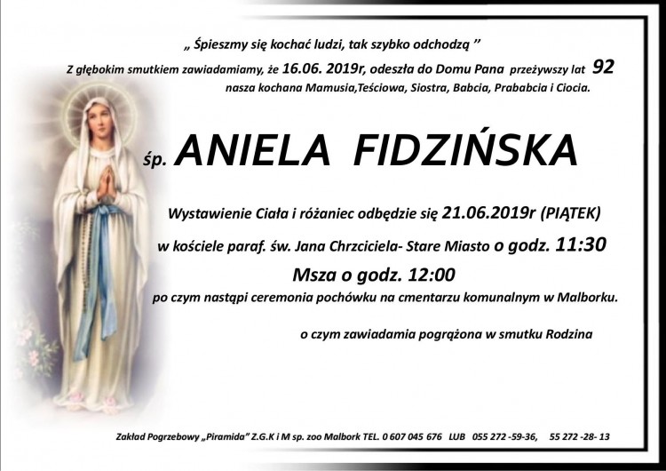 Zmarła Aniela Fidzińska. Żyła 92 lata