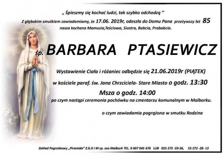 Zmarła Barbara Ptasiewicz. Żyła lat 85.