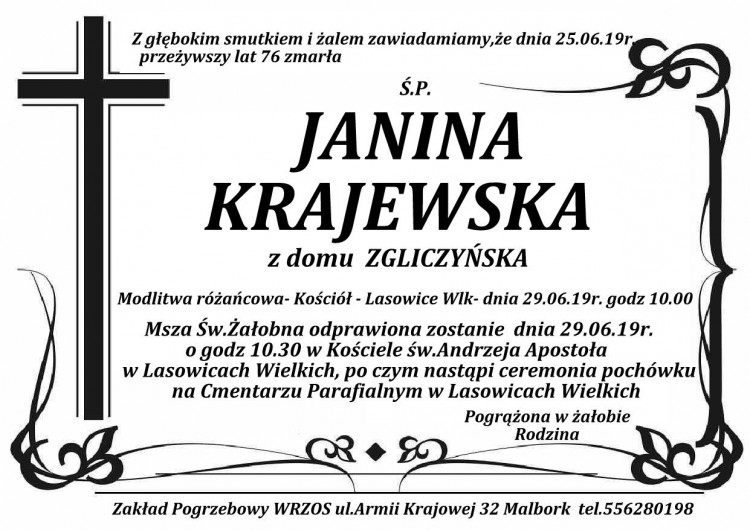 Zmarła Janina Krajewska. Żyła 76 lat.