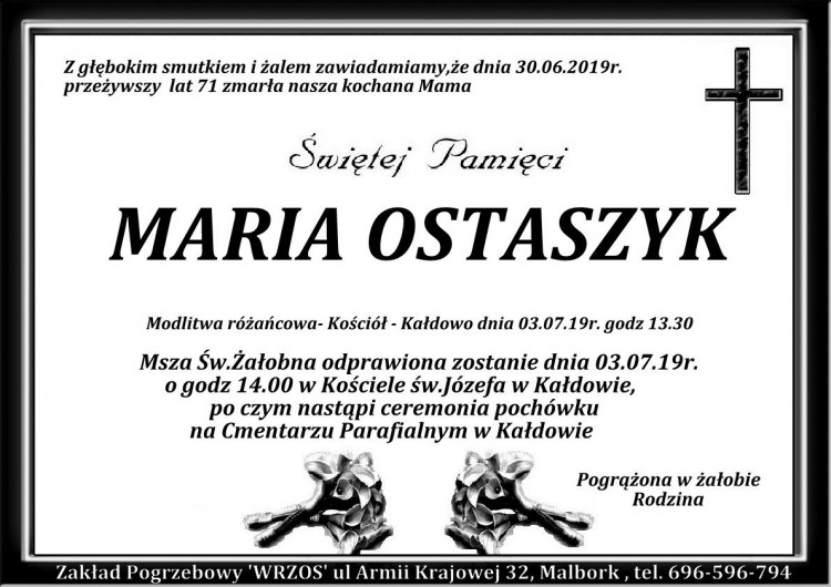Zmarła Maria Ostaszyk. Żyła 71 lat.