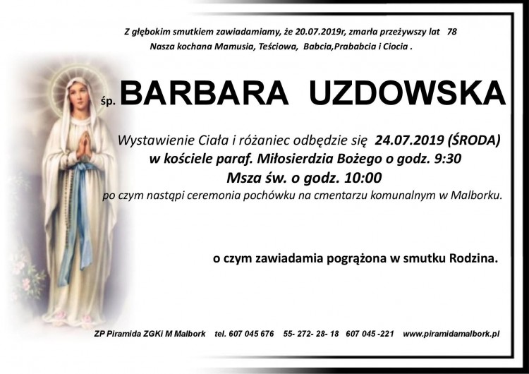 Zmarła Barbara Uzdowska. Żyła 78 lat.