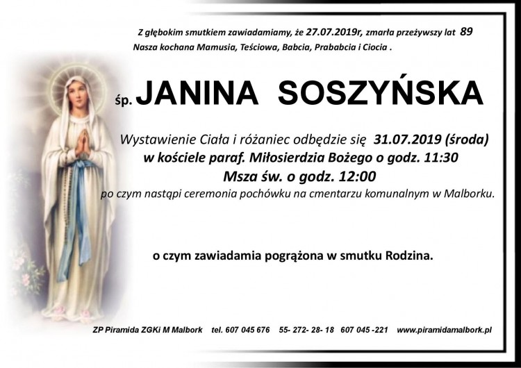 Zmarła Janina Soszyńska. Żyła 89 lat.