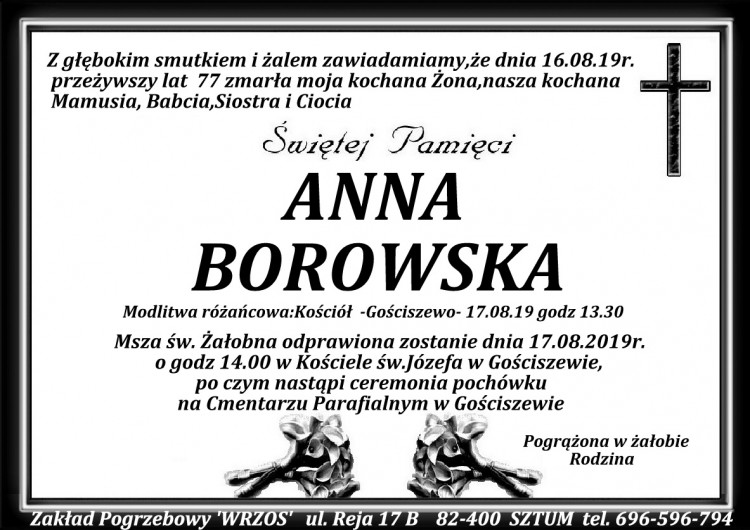 Zmarła Anna Borowska. Żyła 77 lat.