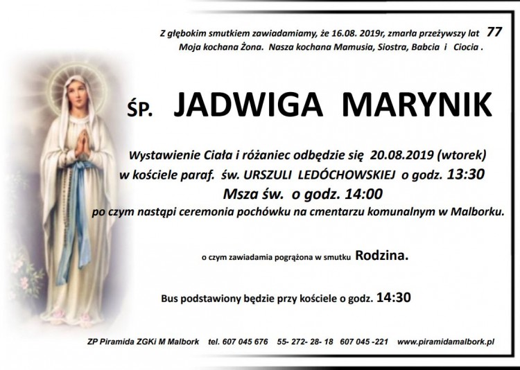 Zmarła Jadwiga Marynik. Żyła 77 lat.