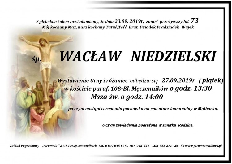 Zmarł Wacław Niedzielski. Żył 73 lata.