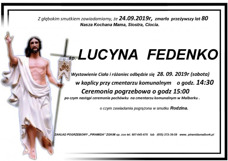 Zmarła Lucyna Fedenko. Żyła 80 lat.
