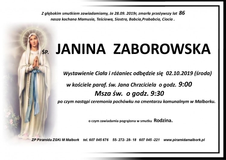 Zmarła Janina Zaborowska. Żyła 86 lat