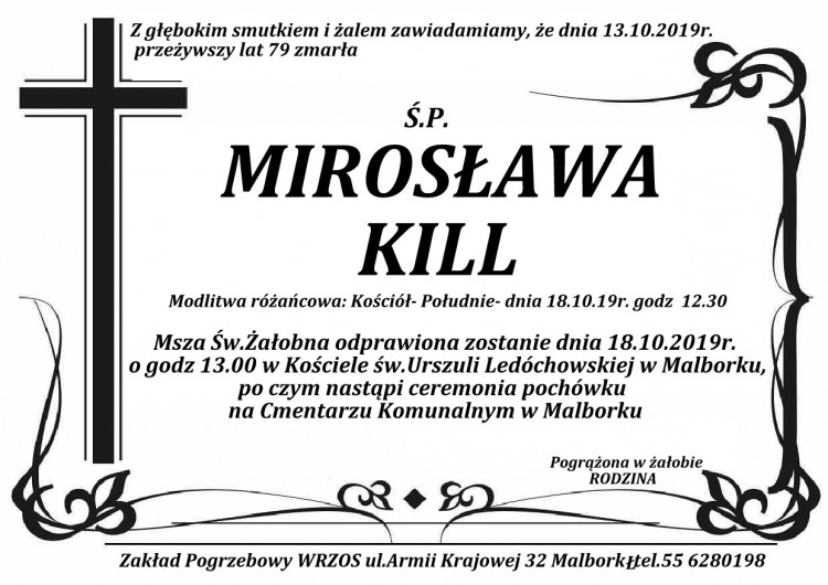 Zmarła Mirosława Kill. Żyła 79 lat.