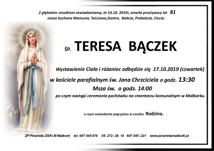 Zmarła Teresa Bączek. Żyła 81 lat.