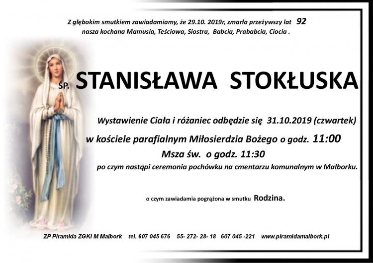 Zmarła Stanisława Stokłuska. Żyła 92 lata.