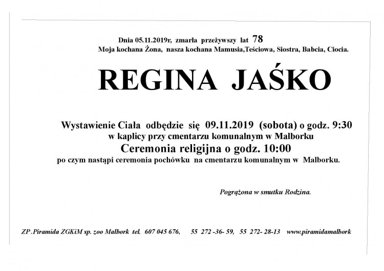 Zmarła Regina Jaśko. Żyła 78 lat.