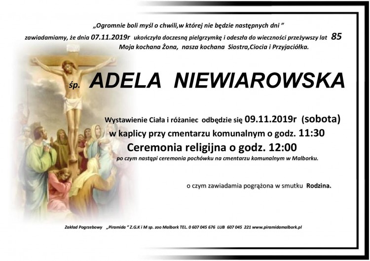 Zmarła Adela Niewiarowska. Żyła 85 lat.