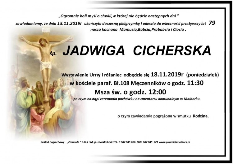 Zmarła Jadwiga Cicherska. Żyła 79 lat.