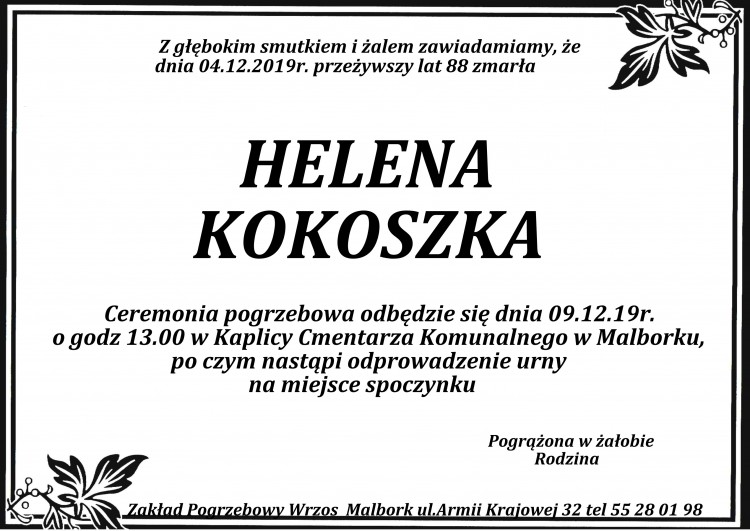 Zmarła Helena Kokoszka. Żyła 88 lat.