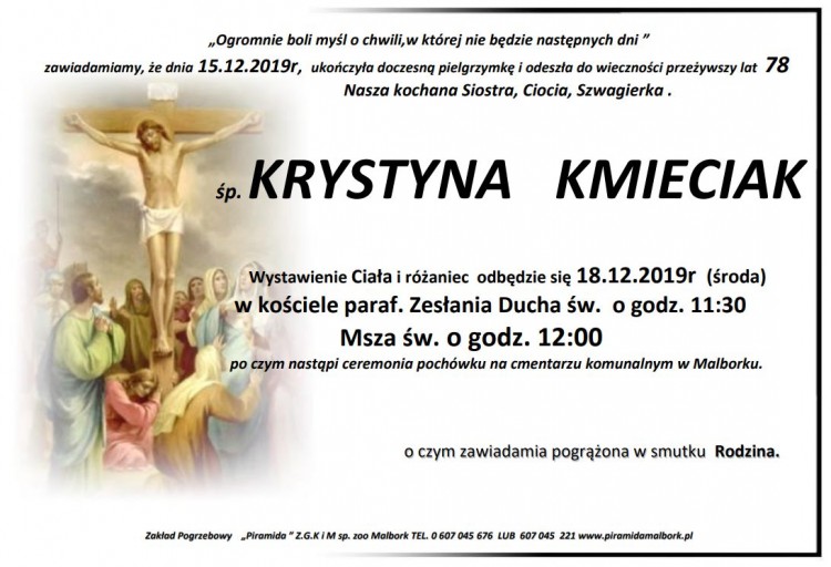 Zmarła Krystyna Kmieciak. Żyła 78 lat.