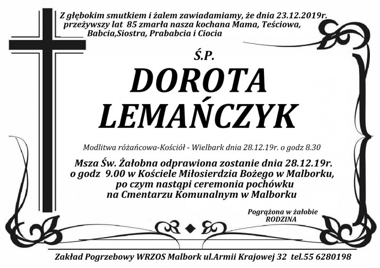 Zmarła Dorota Lemańczyk. Żyła 85 lat.