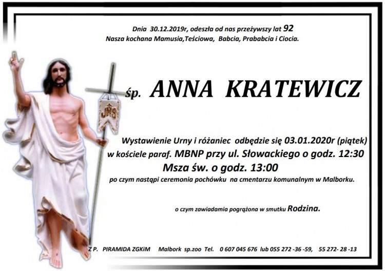 Zmarła Anna Kratewicz. Żyła 92 lata.