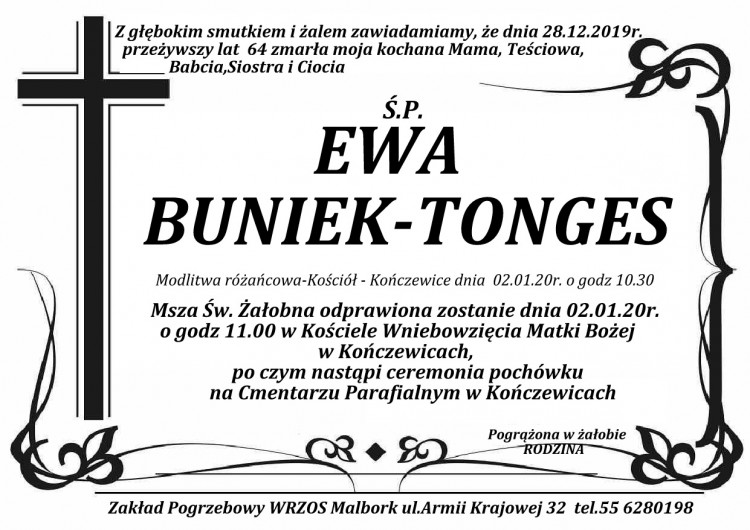 Zmarła Ewa Buniek - Tonges. Żyła 64 lata.