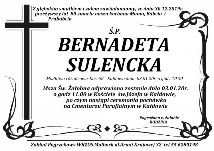 Zmarła Bernadeta Sulencka. Żyła 80 lat.