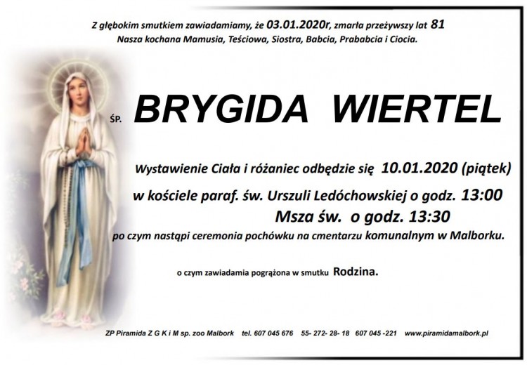 Zmarła Brygida Wiertel. Żyła 81 lat.