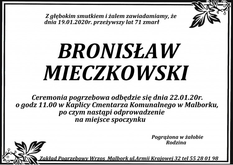 Zmarł Bronisław Mieczkowski. Żył 71 lat.
