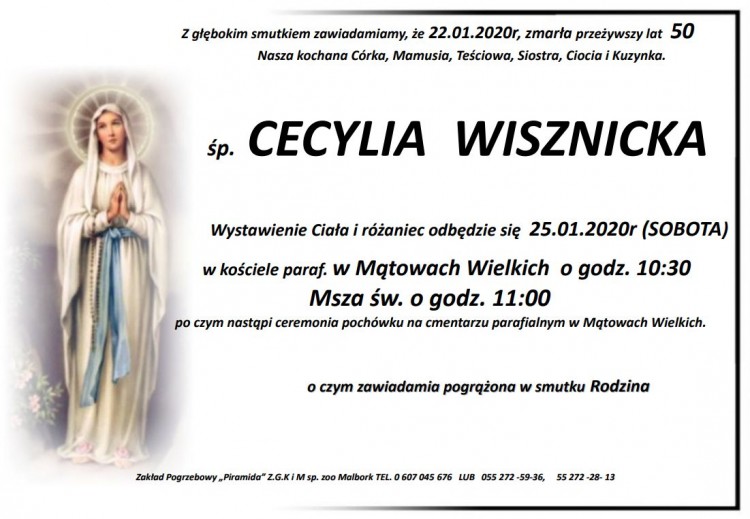 Zmarła Cecylia Wisznicka. Żyła 50 lat.