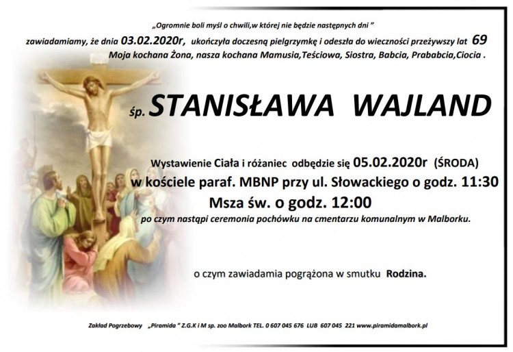 Zmarła Stanisława Wajland. Żyła 69 lat.