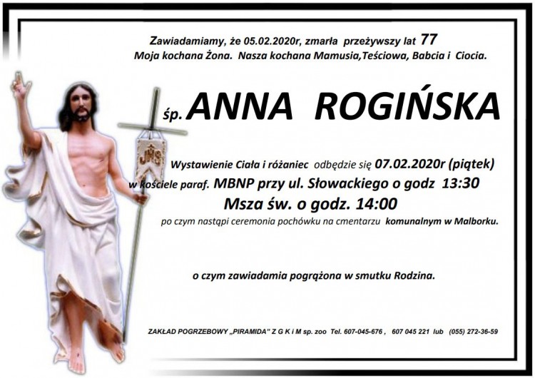 Zmarła Anna Rogińska. Żyła 77 lat.