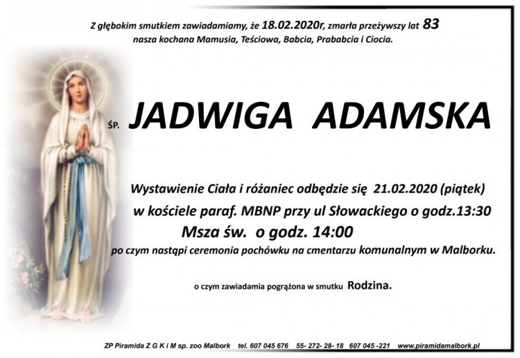 Zmarła Jadwiga Adamska. Żyła 83 lata.