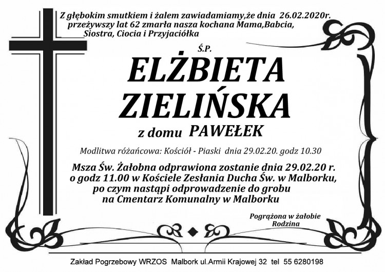 Zmarła Elżbieta Zielińska. Żyła 62 lata.