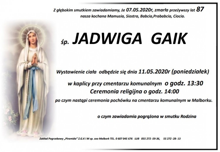 Zmarła Jadwiga Gaik. Żyła 87 lat.