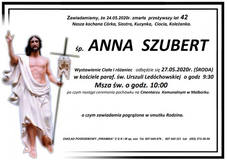 Zmarła Anna Szubert. Żyła 42 lata.