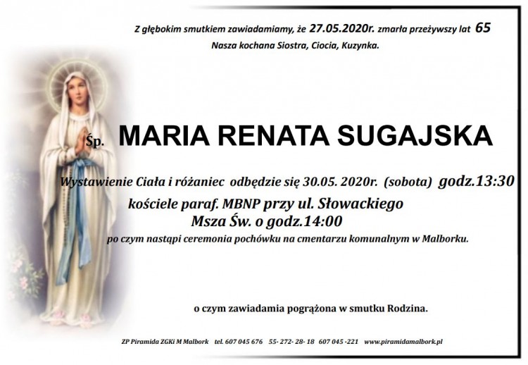 Zmarła Maria Sugajska. Żyła 65 lat.