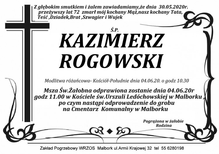 Zmarł Kazimierz Rogowski. Żył 72 lata.