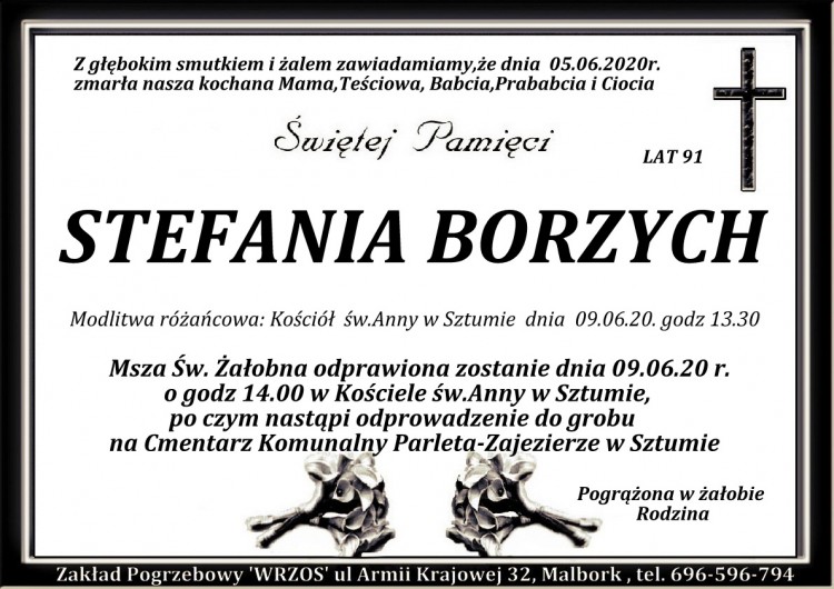 Zmarła Stefania Borzych. Żyła 91 lat.