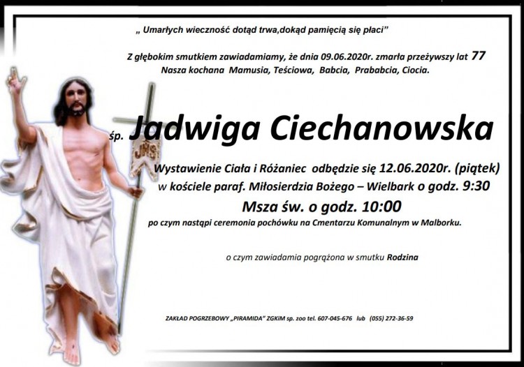 Zmarła Jadwiga Ciechanowska. Żyła 77 lat.