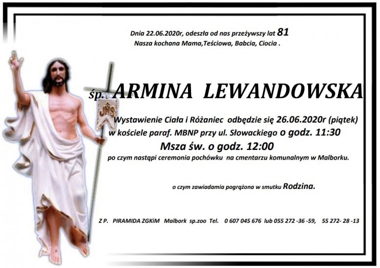 Zmarła Armina Lewandowska. Żyła 81 lat.