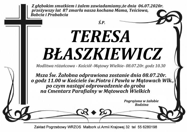 Zmarła Teresa Błaszkiewicz. Żyła 87 lat.