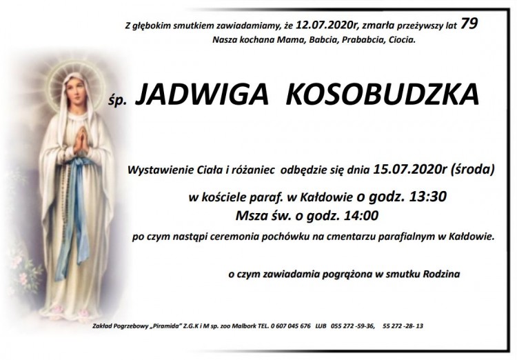 Zmarła Jadwiga Kosobudzka. Żyła 79 lat.